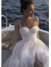 Beaded Ivory Ruched Tulle Glitter Slit Beach Wedding Dress